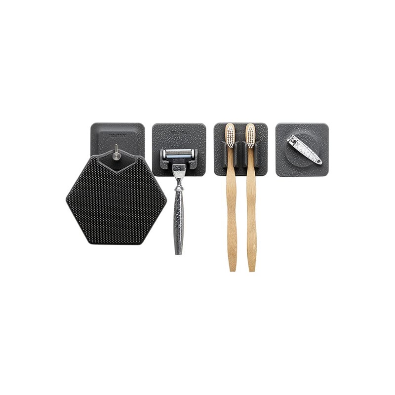 TOOLETRIES The 4-in-1 Tile Series - Secure Holders, Silicone Toiletry Organizer, Shower & Bathroom Accessory - Features Silicone-Grip Technology, Removable & Reusable - Charcoal - Image 1